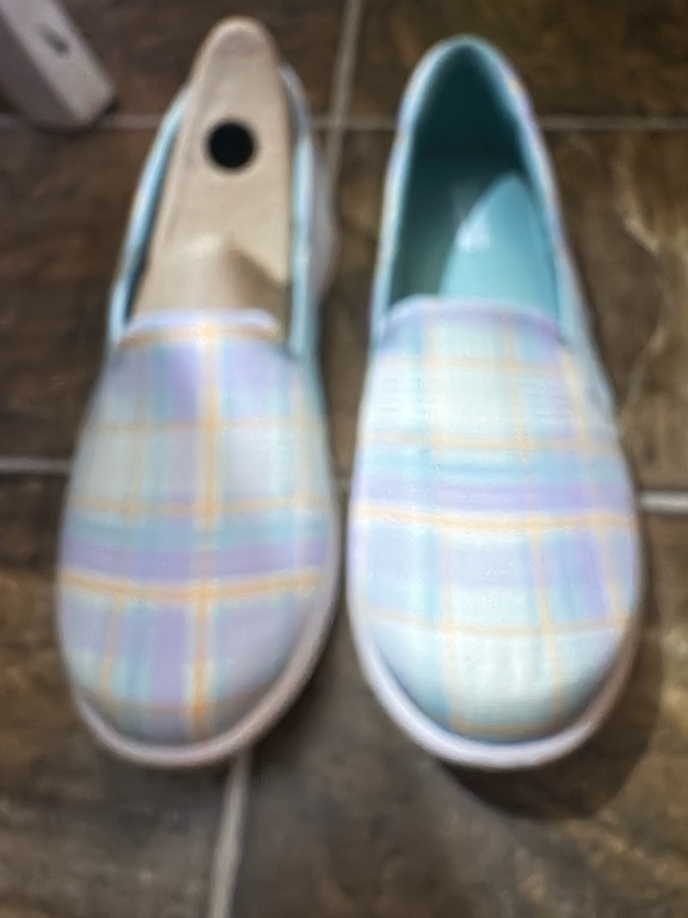 Skechers Pastel Plaid Slip-On Shoes in Light Blue and Lavender